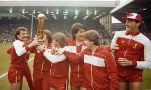 Michael Robinson, second left next to Graeme Souness, celebrates Liverpool’s league title win in 1984.