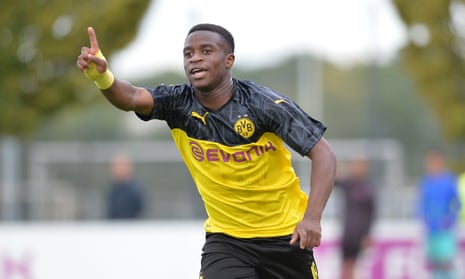 Borussia Dortmund’s Youssoufa Moukoko in action for the club’s Under-19 side against Barcelona in September 2019.