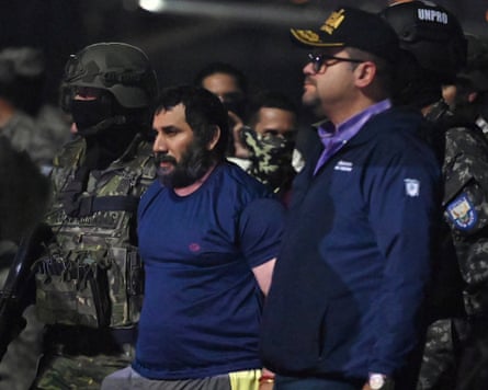 Drug trafficker Adolfo Macias, alias Fito, is guarded by Ecuador’s interior minister, John Reimberg and military personnel