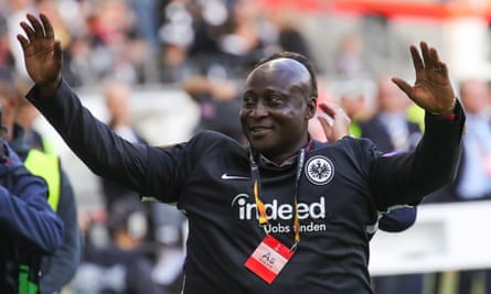 Tony Yeboah in 2019, greeting fans before Eintracht Frankfurt played Arsenal in the Europa League