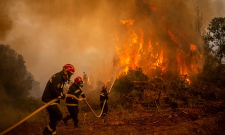 A team of firefighters from Serbia tries to extinguish a wildfire in the village of Glatsona on the Greek island of Evia