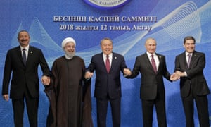 At the Caspian Summit. From left: the presidents of Azerbaijan, Iran, Kazakhstan, Russia and Turkmenistan .