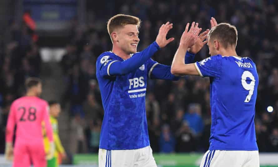 Jamie Vardy of Leicester City celebrates with Harvey Barnes after scoring a second goal on his side.