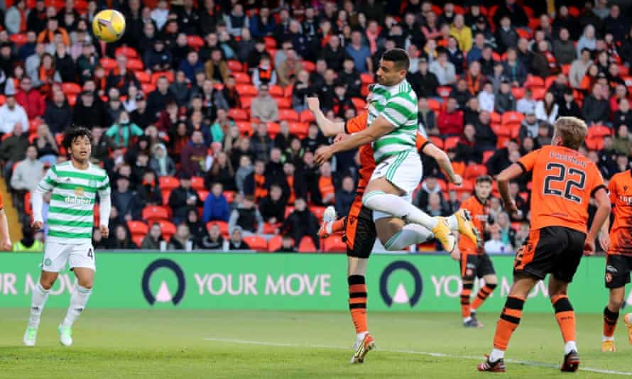 Celtic's Georgios Jacoumakis heads for the opening goal.