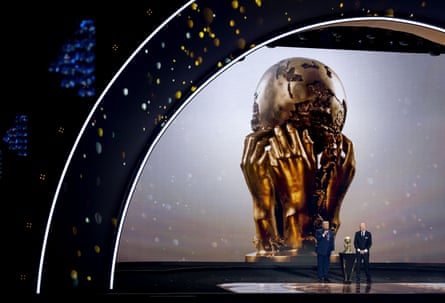 Donald Trump speaks to the attendees at the World Cup draw.