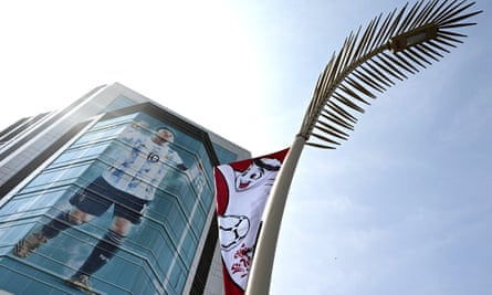 A giant image of Lionel Messi is displayed on a building in Doha, the capital of Qatar.