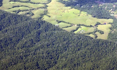 The abrupt line between pristine protected rainforest and land cleared by early settlers for dairy pasture in north Queensland