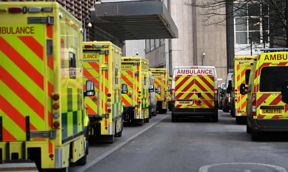 Ambulances outside the Royal London hospital, 13 February 2021. 