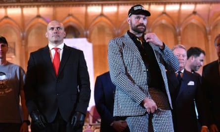 Oleksandr Usyk and Tyson Fury during a press conference in October.