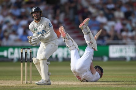 Harry Brook plays a scoop shot as Tom Blundell looks on during the fourth day of the third Test between England and New Zealand at Trent Bridge