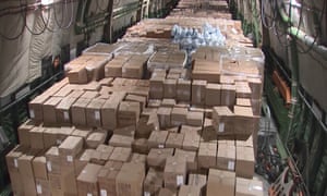 Boxes with medical masks and equipment onboard the Russian plane at Chkalovsky airport.