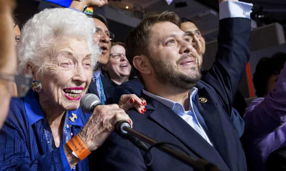 Democratic National Convention, Philadelphia, USA - 26 Jul 2016Mandatory Credit: Photo by ddp USA/REX/Shutterstock (5790269p) Jerry Emmett, the 102-year-old honorary chair of the Arizona Democratic delegation, and delegate Rep. Ruben Gallego of Arizona cheer for Hillary Clinton at roll call during the 2016 Democratic National Convention at Wells Fargo Arena Democratic National Convention, Philadelphia, USA - 26 Jul 2016
