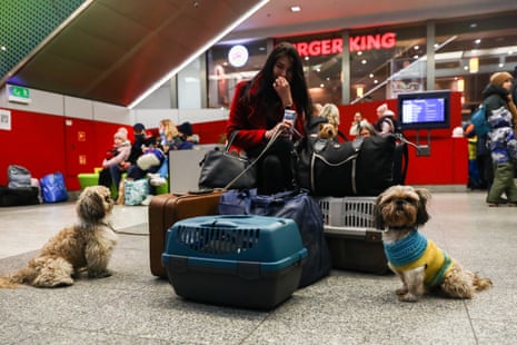 A woman minds her dogs after arriving at the main railway station in Krakow, Poland.