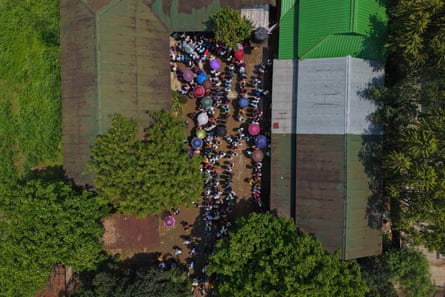 Queues to cast votes at a polling centre during the Assam state election in early April.
