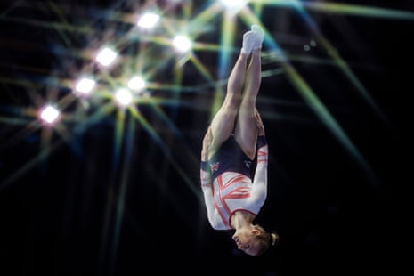 Bryony Page of Great Britain on her way to winning gold in the women’s individual trampoline final