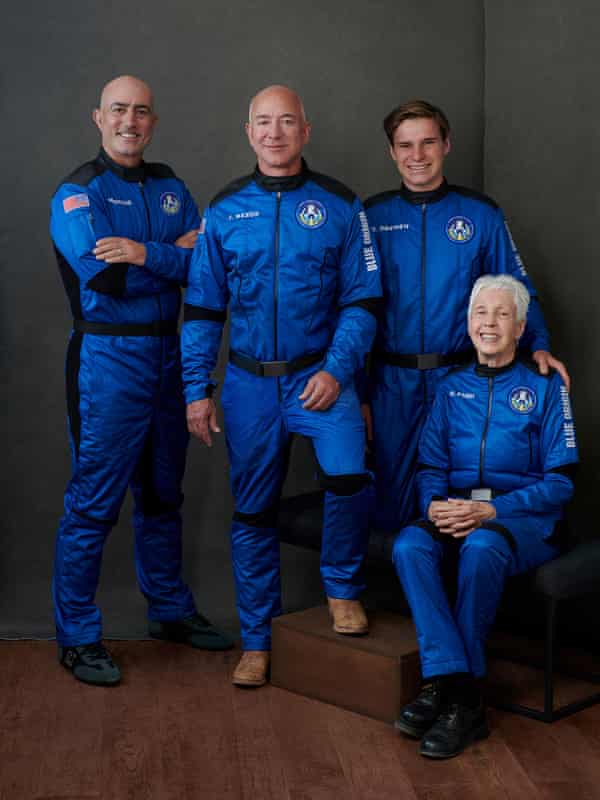 Jeff Bezos, Mark Bezos, pioneering female aviator Wally Funk and recent high school graduate Oliver Daemen pose ahead of their scheduled flight. - 2252 - Jeff Bezos hails ‘best day ever’ after successful Blue Origin space flight | Jeff Bezos