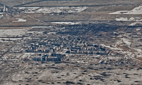 An aerial view of Vuhledar, the site of heavy battles with Russian troops in the Donetsk region, 10 February 2023. qhiukiqriuqinv