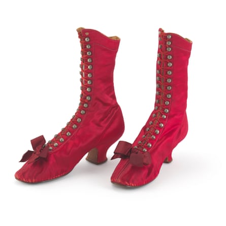 Women’s satin boots 1870s-80s. ‘Only rebellious women wore scarlet-colored shoes.’