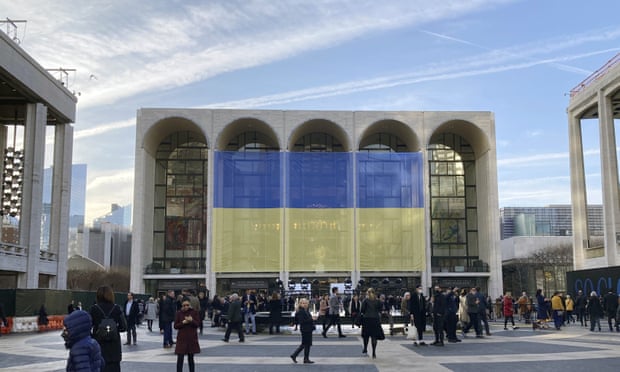 Ukraine’s flag is draped outside the Metropolitan Opera House at Lincoln Center in New York before a benefit concert in March.