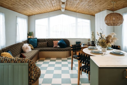 Interior showing lounge area of Club Jupiter caravan in Kent, UK.