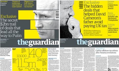 Guardian front pages featuring revelations from the Panama Papers
