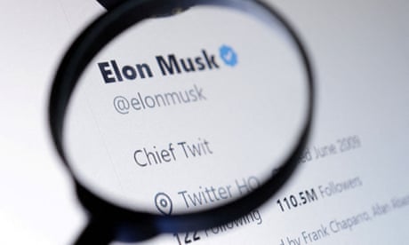 Elon Musk's Twitter account is seen through a magnifying glass