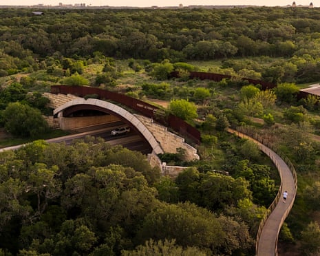 Aerial view of a land bridge over a highway surrounded by trees and vegetation.
