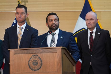 Kash Patel speaks at a news conference, Friday, Sept. 12, 2025, in Orem, Utah, as Utah department of public safety commissioner Beau Mason, left, and Utah Gov. Spencer Cox listen. (AP Photo/Lindsey Wasson)