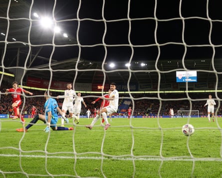 Daniel James scores his team’s fourth goal during the 2026 World Cup qualifier between Wales and North Macedonia