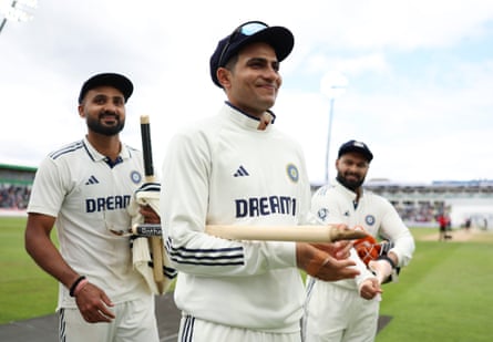 Shubman Gill and Akash Deep of India react after their victory on day five of the second Rothesay Test between England and India at Edgbaston