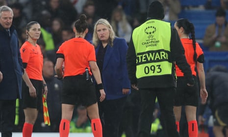 Chelsea’s manager, Emma Hayes, argues with the Romanian referee Iuliana Demetrescu after the match