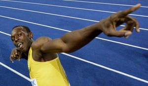 Usain Bolt celebrates setting a new 100m world record at the 2009 World Athletics Championships in Berlin.