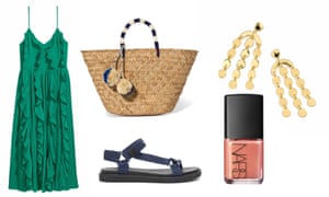 Dress, £79.99, hm.com. Bag, £105 by Kaya from net-a-porter.com. Sandals, £69, stories.com. Earrings, £58, jcrew.com. Nail Polish in Orgasm Shimmer, £15 by Nars from liberty.co.uk.