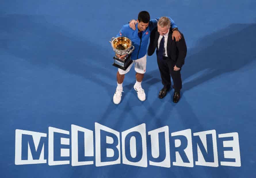 Novak Djokovic with Tennis Australia CEO Craig Tiley after his victory in the men’s singles final match against Britain’s Andy Murray at the 2015 Australian Open in Melbourne.