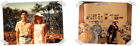 Left: Dad with his mom in Hawaii on his first around the world trip. He was 16, circa 1967. Right: Dad, on the phone, and his colleague at the company’s booth at a wallets and clothing trade show in Los Angeles, circa 1973.