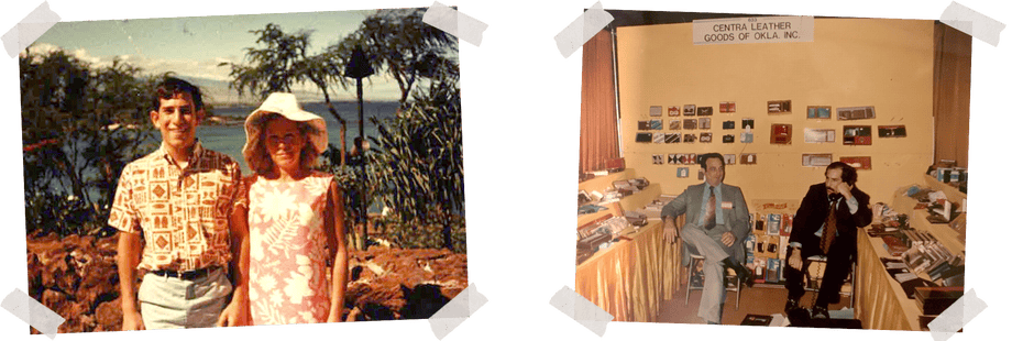 Left: Dad with his mom in Hawaii on his first around the world trip. He was 16, circa 1967. Right: Dad, on the phone, and his colleague at the company’s booth at a wallets and clothing trade show in Los Angeles, circa 1973.