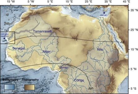 The outlines and the main course of the proposed Tamanrasett River are drawn in blue and grey, respectively. The newly identified river and the Cap Timiris Canyon are in dark blue on the far left of the map.