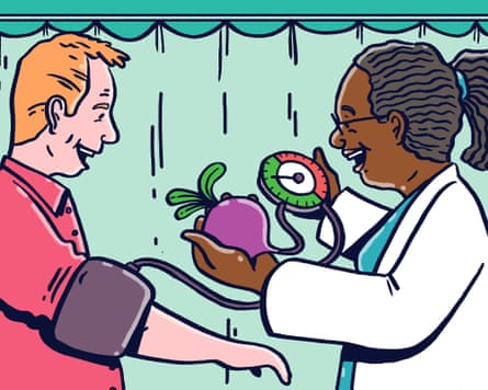 Illustration of a doctor (right) checking blood sugar while holding a beetroot