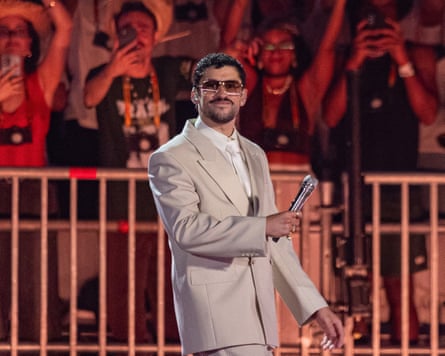 Puerto Rican singer Bad Bunny performs during his “Debi Tirar Mas Fotos” world tour at the Allianz Parque stadium in São Paulo, Brazil, on 20 February 20 2026.