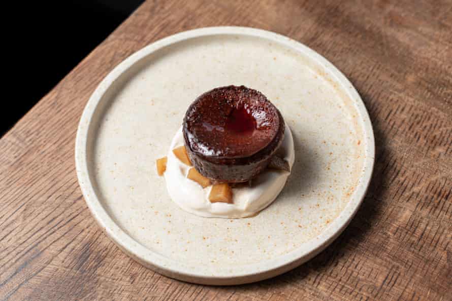 Celentano Grilled Honey Cake with Vermouth Icing, Pear and Tonka Bean Ice Cream:
