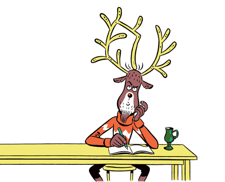 Illustration d'un renne assis à un bureau à la perplexité
