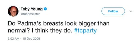 Toby Young tweets about Top Chef co-star Padma Lakshmi’s breasts