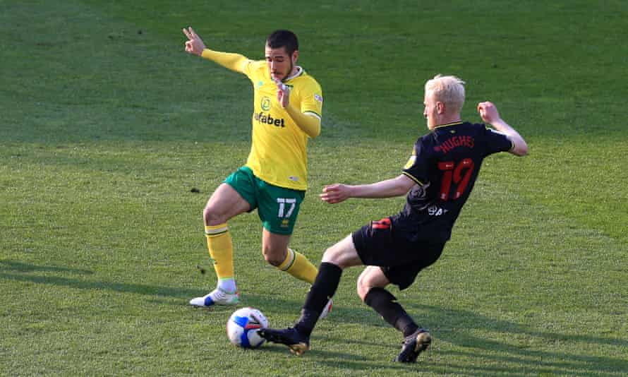 Emi Buendia prepares to challenge Watford’s Will Hughes. ‘I always like to help out in defence,’ he says.
