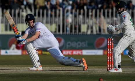 Harry Brook plays a shot for England in Pakistan