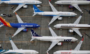 Grounded Boeing 737 Max aircraft parked at Boeing facilities at Grant County International Airport in Moses Lake, Washington.