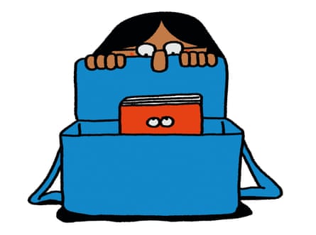 An illustration of someone with an open satchel in front of them with a book in it