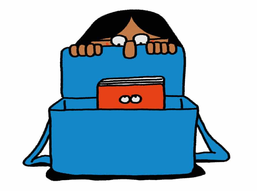 An illustration of someone with an open satchel in front of them with a book in it