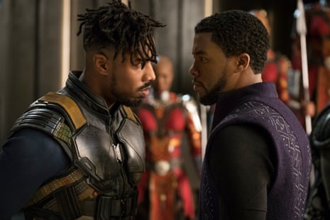 Michael B Jordan, left, as Erik Killmonger faces off with T’Challa, or Black Panther, played by Chadwick Boseman.