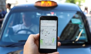 A photo illustration shows the Uber app and a black cab in London