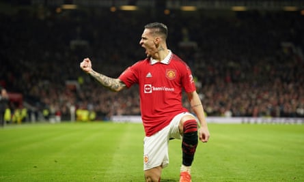 Antony celebrates after scoring the early opener for Manchester United against Everton.